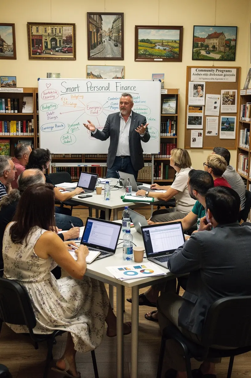 Pénzügyi tervező kézzel írott jegyzeteket készít egy személyes pénzügyekről szóló workshopon.