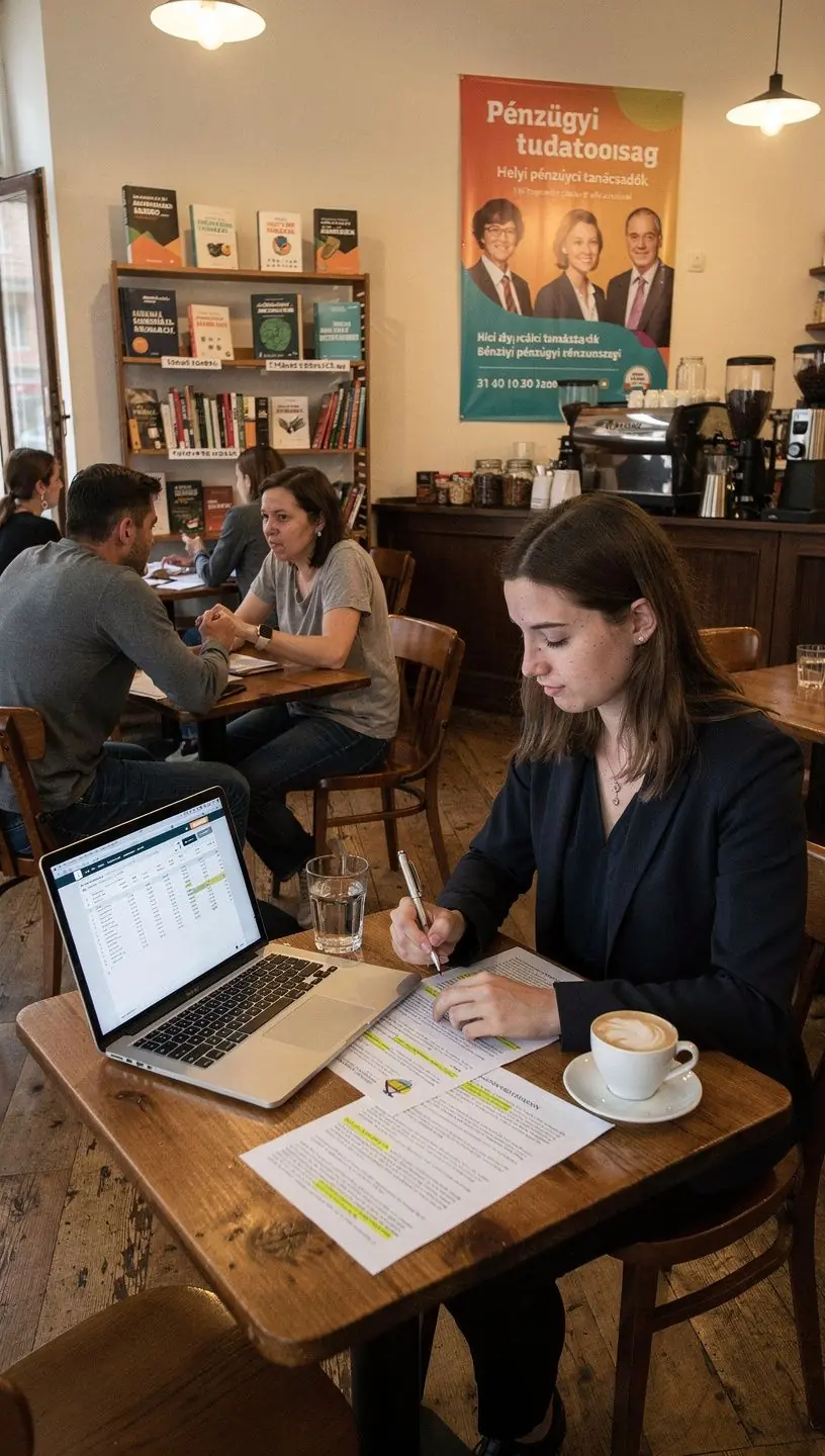 Könyvespolc tele személyes pénzügyekről szóló könyvekkel és pénzügyi naplókkal egy közösségi helyiségben.