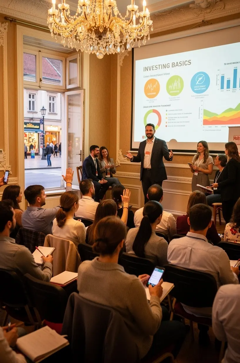 Szakértő bemutatja a pénzügyi tervezés alapjait egy klubtagokból álló hallgatóságnak.