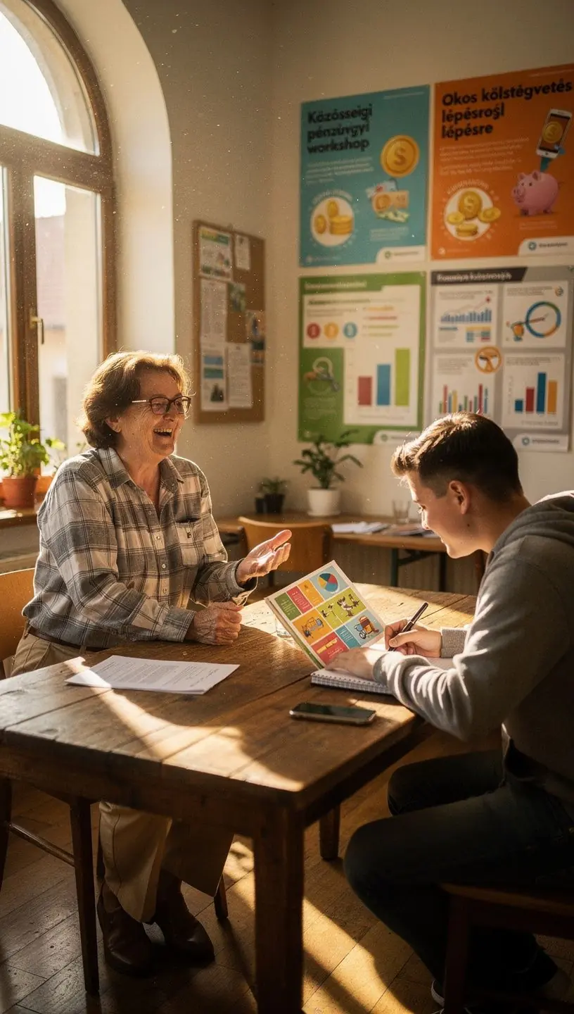 Közösségi klub belső tere, ahol pénzügyi könyvek és tervezők vásárlására van lehetőség az esemény végén.
